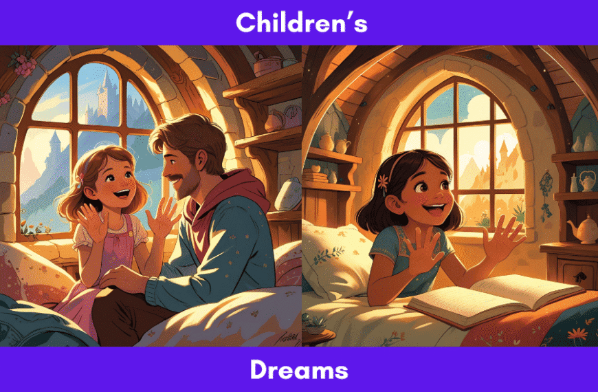 A father listens as his joyful 9-year-old daughter describes her first original dream, seated together in a cozy, sunlit fantasy cottage.